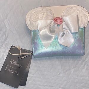 NWT DISNEY LOUNGEFLY Minnie Baby Blue Iridescent BOW Small Zip Wallet